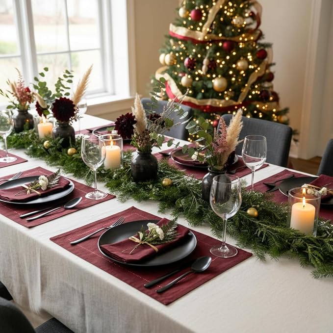 D'Moksha Homes Linen Placemats Set of 4 - Classic Hemstitch Dark Red Placemats 14 x 19 Inch - 100% Pure Linen Table Mats for Valentines, Holiday, New Year - Handcrafted and Machine Washable
