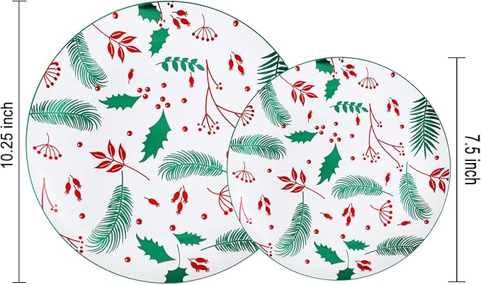 NOCCUR 60PCS Christmas Disposable Plates - Green & Red Plastic Dinner Plates, 30 Dinner & 30 Salad Plates - Pine Needle & Berry Design, Heavy Duty for Christmas Parties