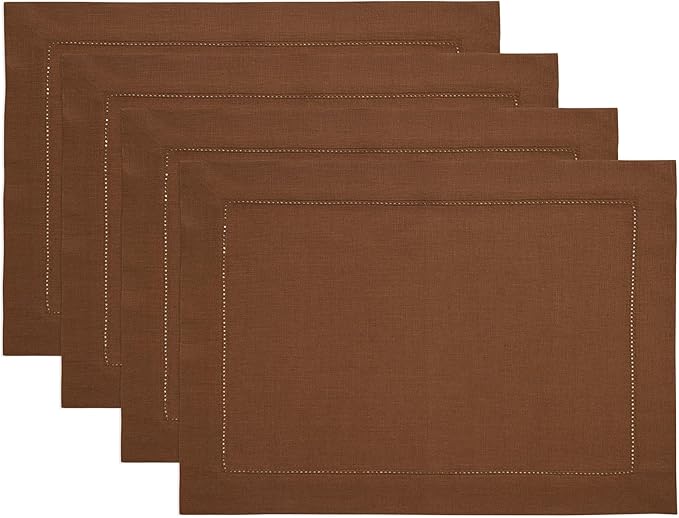Solino Home Linen Placemats Set of 4 - Classic Hemstitch Brown Placemats 14 x 19 Inch - 100% Pure Linen Table Mats