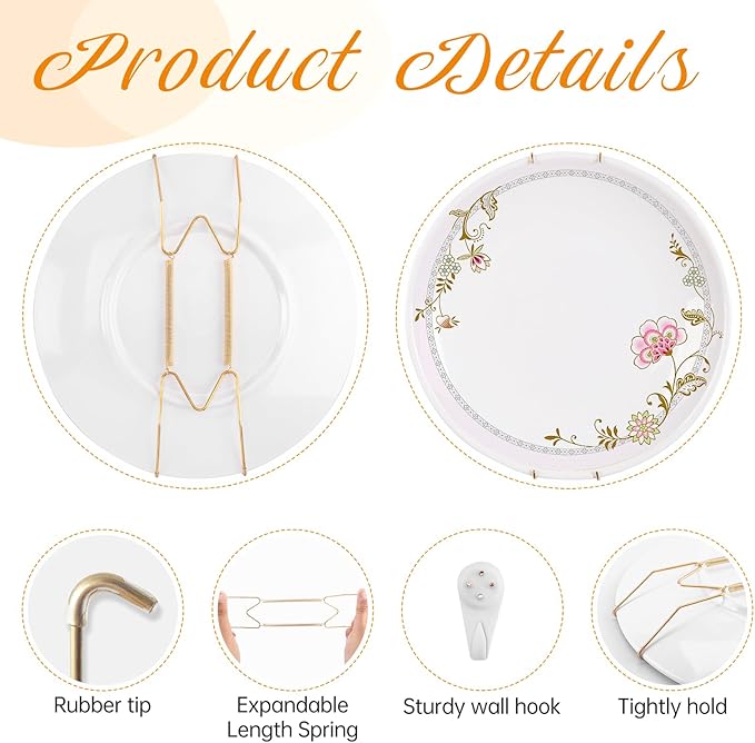 Bilillo 7 pcs Plate Hangers for The Wall, 4/6/8/10/12 Inch Invisible Plates Hangers, Stainless Steel Plate Wall Holders for Display Various Sizes with Hooks for Decorative