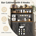 Farmhouse Coffee Bar Cabinet with 3 Tier Storage Hutch, 47'' Coffee Bar Station with Sliding Barn Door, Hutch Storage Cabinet with 9 Wine Racks & 9 Hooks for Kitchen Dining Living Room