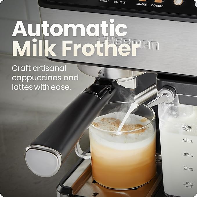 Chefman CaféMaster Pro Espresso Machine, Brew Single or Double Shots, Coffee Maker with Built-In Milk Frother for Cappuccino & Latte, XL 1.8 Liter Removable Water Reservoir - Stainless Steel