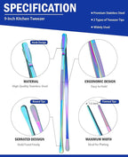 JETKONG 2 Pcs 9-Inch Culinary Tweezers Food Tweezers Kitchen Tweezer Tongs for Cooking (Rainbow)