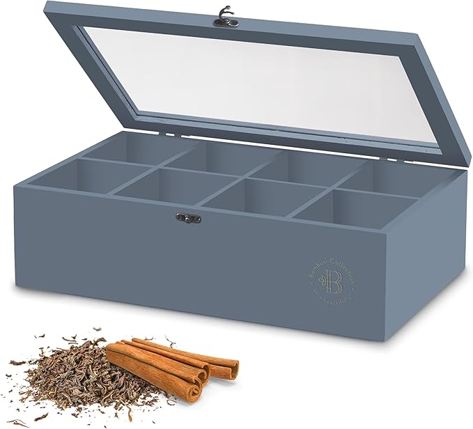 Tea Bag Organizer - Grey Bamboo Tea Box Organizer Storage Box, Tea Bag Holder with Acrylic Window, Magnetic Lid Keeps Tea Bags Fresh - Tea Organizer Caddy (Tea Not Included) Christmas Gift - Gray