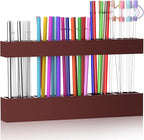 9.5” Large Acrylic Straw Holder for Cabinet Door, Reusable Adjustable Two-Part Straws Organizer with Ultra Sticky Adhesive Strips, 2026 Straw Storage for Kitchen Cupboard (Brown)