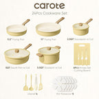 CAROTE 24pcs Ceramic Cookware Set, Pots and Pans Non Stick Kitchen Cookware Sets, Pots and Pans Set Cooking Set with Knife Set