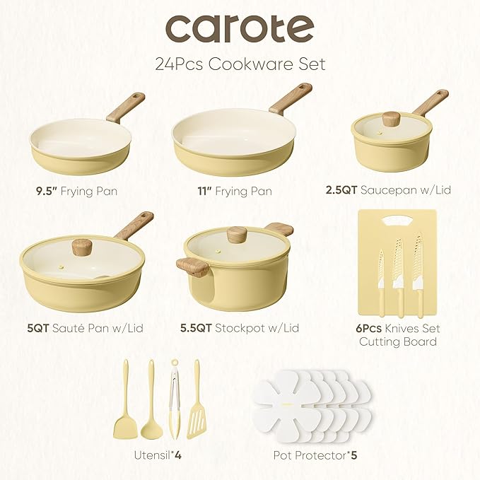 CAROTE 24pcs Ceramic Cookware Set, Pots and Pans Non Stick Kitchen Cookware Sets, Pots and Pans Set Cooking Set with Knife Set