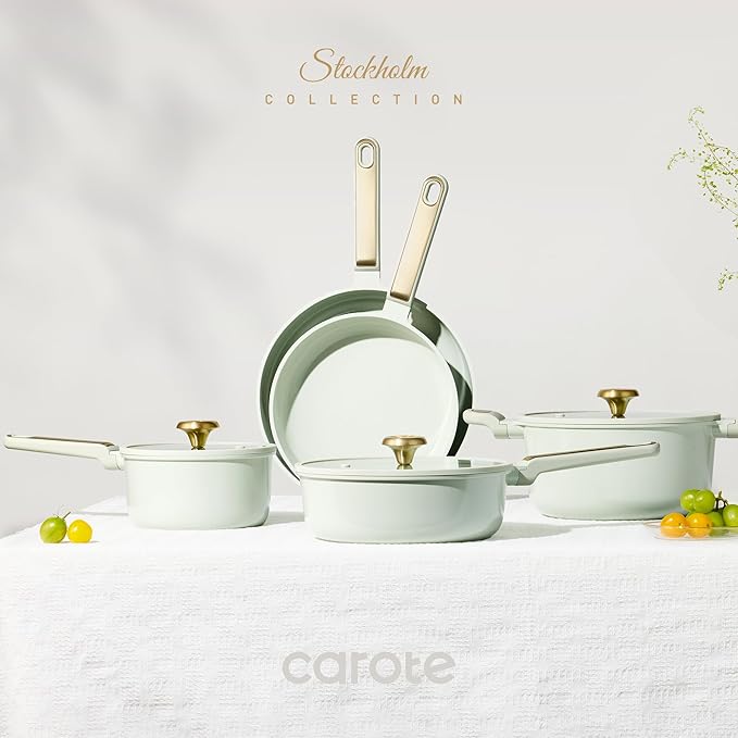CAROTE Ceramic Cookware Set Nonstick, 14pcs Pots and Pans Set Nonstick, Non-Toxic & PFAS-Free, Dishwasher, RV/Camping Cookware Set, Cooking Pots with Lids, Sage Green