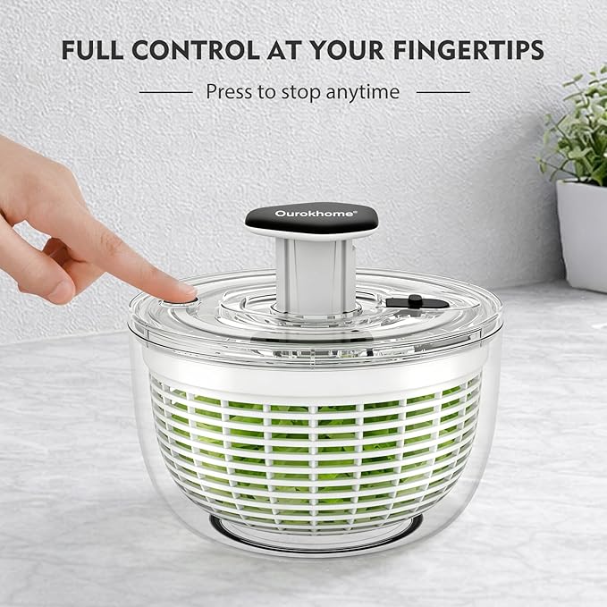Ourokhome Salad Spinner Lettuce Dryer, One-handed Easy Press Large Vegetable Dryer Salad Mixer with Comfortable and Retractable Pusher and Brake Button for Greens, Herb, Berry, Fruits, 3.8 QT, Black