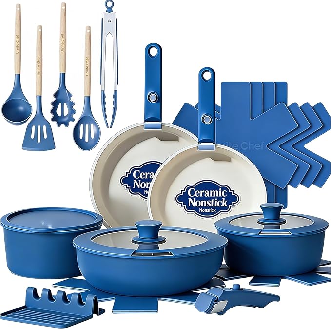 Umite Chef Pots and Pans Set Non Stick, 21 pcs Ceramic Cookware Set with Detachable Handles, Healthy Induction Cookware Oven Safe RV Kitchen Cooking Set with Utensils, PFAS PFOA & PTFE Free, Navy