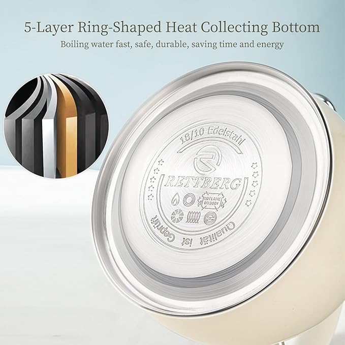 RETTBERG Tea Kettle for Stovetop Induction Whistling Tea Kettles 2.64 Quart Retro Food Grade Stainless Steel Teapots with Cool Touch Handle White