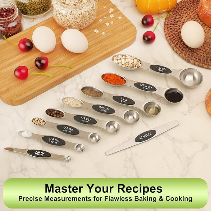 Magnetic Measuring Spoons Set Stainless Steel with Leveler, Dual-Sided Metal Measuring Spoons for Baking & Cooking, Fits in Spice Jars, Must-have Kitchen Gadgets, 8 Measuring Spoons & 1 Leveler, Black