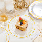 bUCLA 100 Pieces Clear Gold Plastic Plates Disposable - 6.25 Inch Clear Plastic Dessert Plates with Gold Trim for Party, Wedding & Thanksgiving