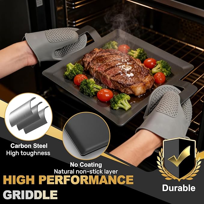 Universal Square Carbon Steel Griddle for Gas/Electric Stove Induction Cooktop and Oven, Thick Heavy-duty Carbon Steel, Vegetable Oil Pre-seasoned Nitrided Coating Process