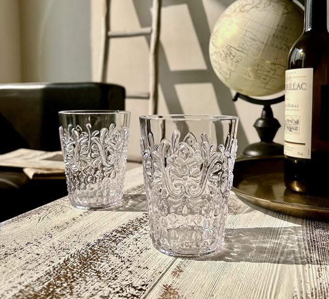 KLIFA- BLOIS- 15.2 ounce, Set of 6, Acrylic Tumbler Drinking Glasses, BPA-Free, Stackable Plastic Drinkware, Dishwasher Safe, Vintage Looking Cups, Clear