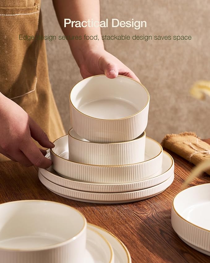 Famiware Star 16-Piece Stoneware Dinnerware Sets with Trim, Service for 4 - Shallow Pasta Bowls & Flat Plates, Modern Rustic Ribbed Dishes, Chip & Scratch Resistant, Microwave & Dishwasher Safe, White