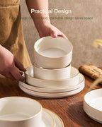 Famiware Star 24-Piece Stoneware Dinnerware Sets with Trim, Service for 6 - Ceramic Mugs, Plates, Bowls, Dishes for Everyday/Party/Formal Use, Chip/Scratch Resistant, Microwave/Dishwasher Safe, White
