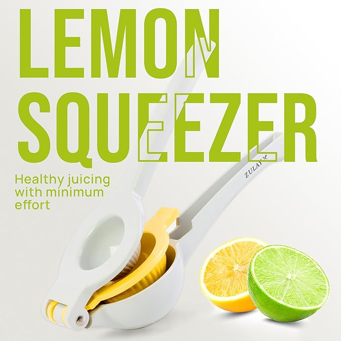 Zulay Kitchen Metal 2-in-1 Lemon Squeezer - Sturdy Max Extraction Hand Juicer Lemon Squeezer Gets Every Last Drop - Easy to Clean Manual Citrus Juicer - Easy-Use Lemon Juicer Squeezer - Gray/Yellow