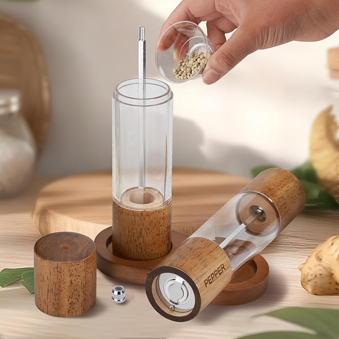 Premium Acrylic Salt and Pepper Shakers, 2Pack Manual Salt and Pepper Grinder Set with Base, Wooden Refillable Pepper Grinder with Adjustable Ceramic Core - 8 Inches