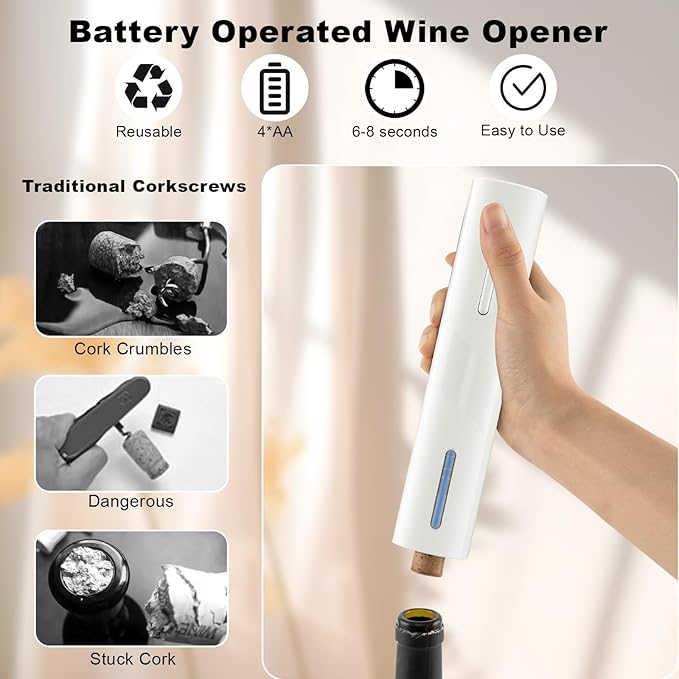 COKUNST Electric Wine Opener, Cordless Automatic Corkscrew with Foil Cutter, Battery Operated Wine Bottle Opener for Home, Gift, Party, White