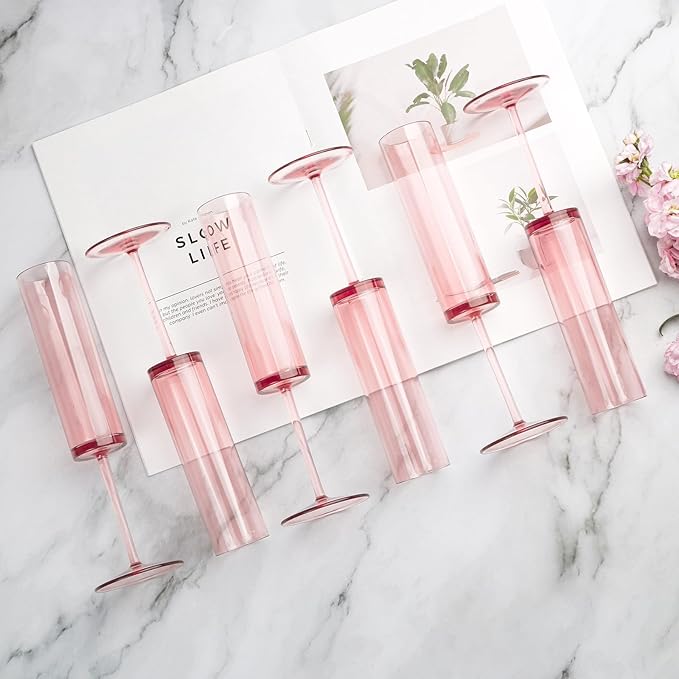 50 PCS Pink Champagne Flutes Plastic 5.4 OZ Clear Acrylic Champagne Flutes Sparkling Wine Glasses Wedding Table Decorations Reusable For Valentines Toasting Engagement Party Supplies