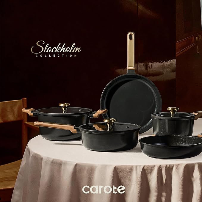 CAROTE Ceramic Cookware Set Nonstick, 16pcs Pots and Pans Set Nonstick, Non-Toxic & PFAS-Free, Dishwasher, RV/Camping Cookware Set, Cooking Pots with Lids, Charcoal Black