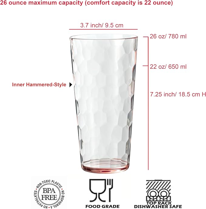 KOXIN-KARLU Mixed Drinkware 26-ounce Plastic Tumbler Acrylic Water Glasses, set of 6 Coral Pink