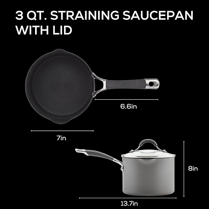 Circulon Radiance Hard-Anodized Nonstick Saucepan, Durable Nonstick Cookware, Sauce Pan with Straining Lid, 3-Quart, Gray