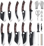 Meat Cleaver Butcher Knife Set of 17Pcs, Hand Forged Kitchen Knives Set, High Carbon Steel Chef Knife Set with bag & 6 Accessories, Boning Knives for Meat Cutting, Outdoor Cooking BBQ Camping Gift