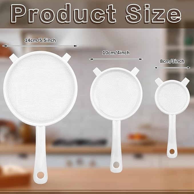 3 Pcs Plastic Nylon Mesh Strainer Colander with Handle Double Ear Fine Food Mesh Strainer Flour Sifter for Baking Kitchen Colander Sifter Kefir Tea Juice Pasta(3 Inch, 4 Inch, 5.5 Inch)