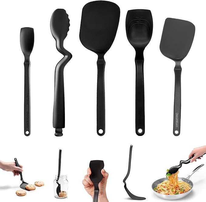 Dreamfarm Everyday Kitchen Essentials (Black) - Clongs Lite Click‑Lock Tongs, Supoon & Mini Supoon Scraper Spoons, Chopula & Mini Chopula Spatulas – Heat‑Resistant Nylon/Silicone for Cooking & Baking