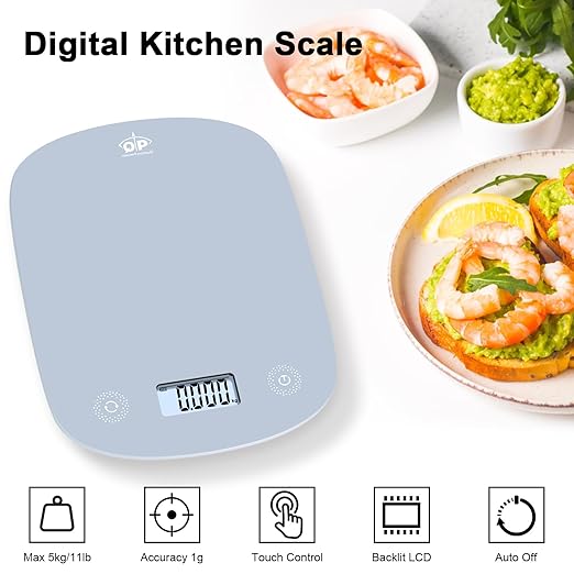 QP Digital Food Scale, 11lb Digital Kitchen Scale, 1g High Accuracy Meat Scale, 6 Units, Cooking Scale with Hook, Ultra Slim Kitchen Weight Scale, Touch Control, Tare Function, Auto Off, LCD Display