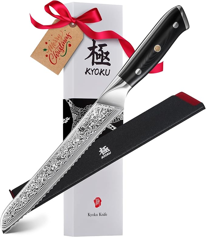 KYOKU Serrated Bread Knife - 8" - Shogun Series - Japanese Style VG10 Steel Core Damascus Blade - with Sheath & Case