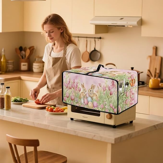 Easter Egg Bunny Tulip Print Toaster Oven Cover for Easter Decor, Dust-proof Case for Air Fryer, Heat-resistant Kitchen Countertop Appliance Protector, (Large-18.5*22.5*12.99 inches)