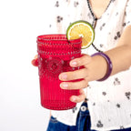 Ciaell 12 Pack Romantic Plastic Water Glasses - 14 Oz Red Vintage Drinking Glasses, Embossed Ribbed Plastic Cups, Textured Striped Set for Juice, Beverages, Beer, Cocktail & Mother's Day