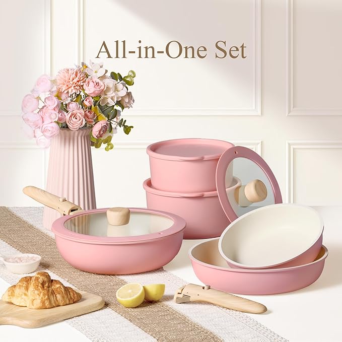CAROTE Pots and Pans Set, Nonstick Cookware Set Detachable Handle, 19pcs Induction Kitchen Cookware Sets Non Stick with Removable Handle, RV Cookware Set, Oven Safe, Pink