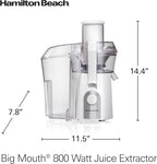 Hamilton Beach Juicer Machine, Big Mouth 3” Feed Chute for Whole Fruits and Vegetables, Easy to Clean, Centrifugal Extractor, Vegetable & Fruit Juicer, BPA Free, 800W Motor, White