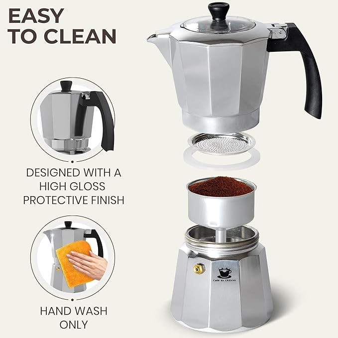 Cafe Du Chateau Moka Pot Espresso Maker - Makes 6 Espresso Cups - Stovetop Coffee Percolator with Clip Measuring Spoon - Ideal Cuban & Italian Coffee Maker