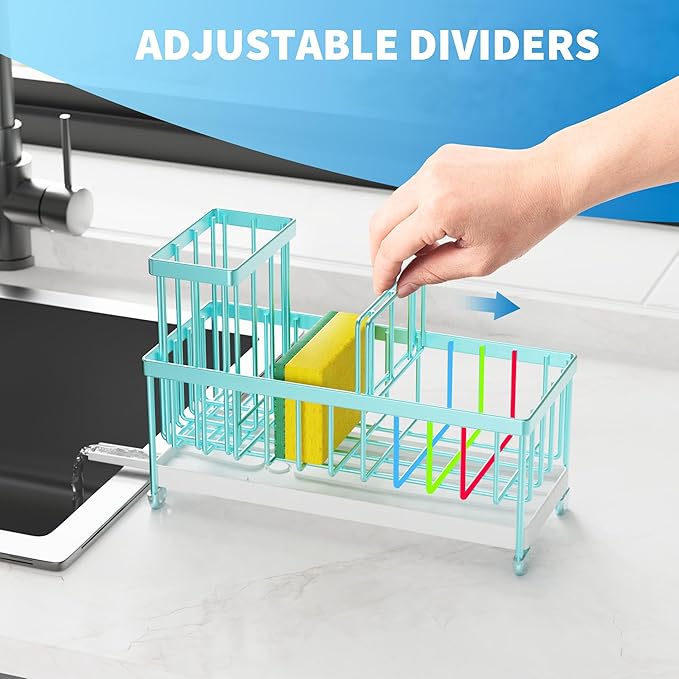 Cisily Sponge Holder for Kitchen Sink, Sink Caddy Organizer with High Brush Holder, Kitchen Countertop Organizers and Storage Essentials, 304 Stainless Steel, Teal Kitchen Decor (Turquoise, 9.25″)