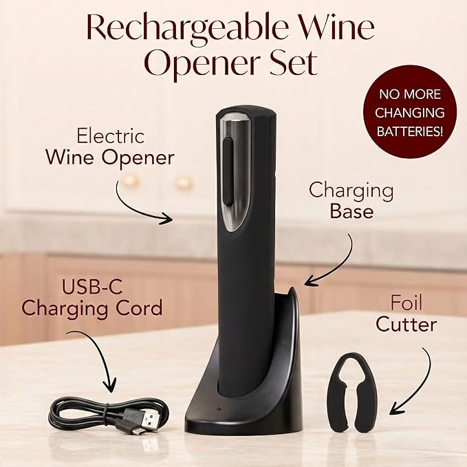 Rechargeable Electric Wine Bottle Opener - Charging Base and Foil Cutter Included with Automatic Wine Opener - Electric Corkscrew for Easy Cork Removal - Best Gift for Wine Lover (Black & Silver)