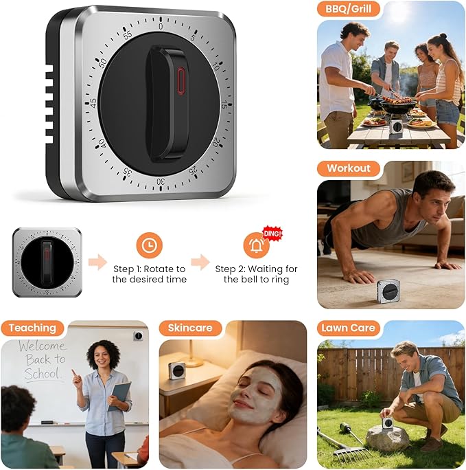 Mechanical Kitchen Timer with Magnet: Wind Up Cooking Timer Clock with Loud Alarm, Kitchen Timers for Cooking, No Battery Manual Food Timer for Baking, BBQ, Seniors & Daily Reminders