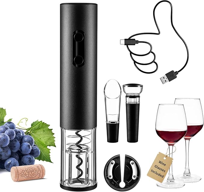 Rechargeable Electric Wine Opener Set, Automatic Corkscrew Set, Including Long Stem Wine Glasses of 2, Clear Glass Wine Goblet, Ideal Gift for Wedding, Wine Lover, Birthday, Girl, Men