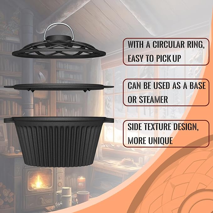 Wood Stove Steamer & Cast Iron Humidifier, 1.4 Qt Fireplace Simmer Pot with Cast Iron Trivet, Dual-Layer Design for Steaming, Humidifying and Stove Protection (Ellipse-1)