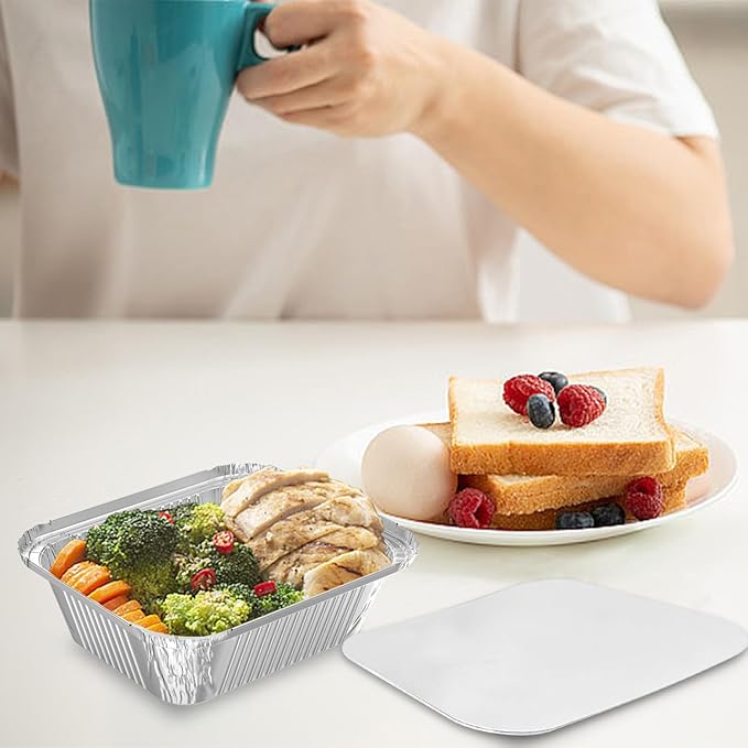 iHomeSet 100 Pack 1 lb Disposable Aluminum Foil Pans Meal Prep Take Out Food Containers with Paper Lids for Catering, Baking, Roasting Food, Freezer Safe