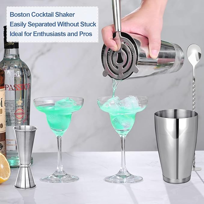 Mwellewm Cocktail Shaker Boston Shaker Set 15 Pcs Professional Bartender Kit Bar Shaker Stainless Steel Drink Shaker Bartending Martini Shaker Tin Mixed Alcohol Shaker Tool for Beginner(Silver)