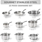 T-fal Gourmet 15-Piece Stainless Steel Cookware Set, Pots and Pans Cooking Set, Dishwasher Safe, Oven Safe to 500°F, Induction Compatible, Stock Pot, Sauce, Saute, Frying Pans, Silver