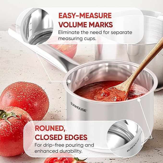 SUNHOUSE – 1.5 Quart Stainless Steel Sauce Pan with Lid - PFOA-FREE, Stainless Steel Sauce Pan, Induction base, Stay-Cool Handle, Compatible with All Cooktops Gas, Geramic, Electric etc.