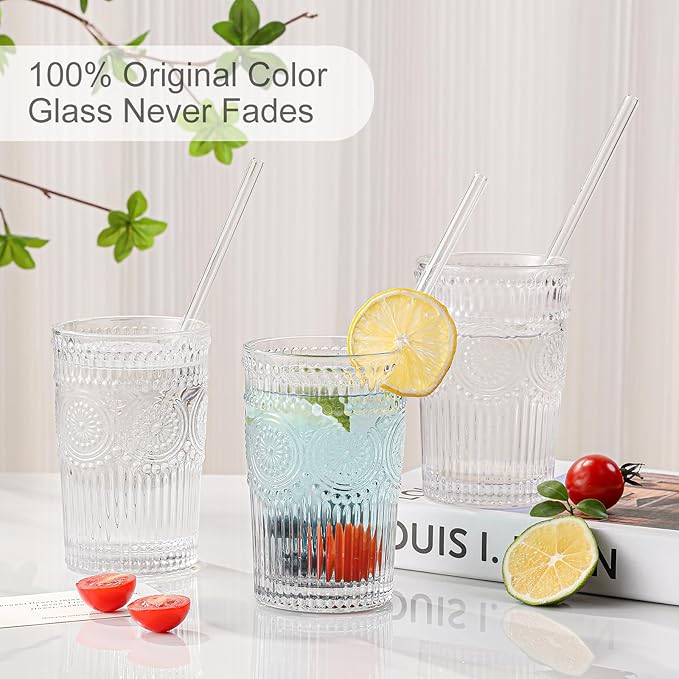 ZMOWIPDL Vintage Glassware Drinking Glasses Set of 6,13 oz Clear Textured Flower Design Glass Water Tumblers，Embossed Striped Drinkware for Water,Cocktails,Juice,Iced Coffee