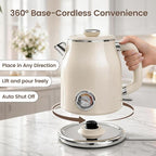 Mecity Retro Electric Kettle 1.7L, Stainless Steel Interior (No Plastic Contact), Double Wall Cool Touch, Fast Boil 1500W, Thermometer (°F/°C), Removable Lid, Wide Opening Easy Cleaning, 120V, Cream