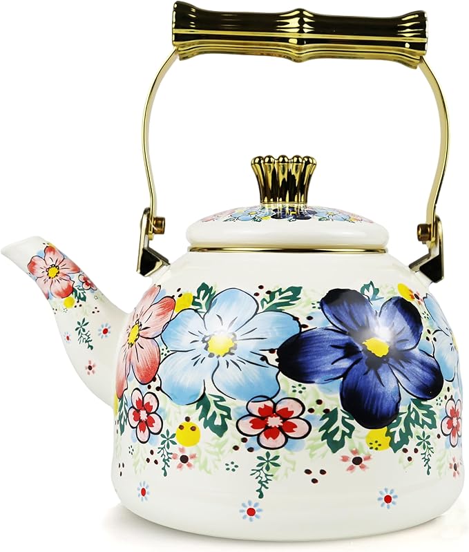 Vintage Enamel Tea Kettle, Blue Floral Pattern Stovetop Teapot with Gold Handle, 2.5L Enamel Kettle Kitchen Decor, Ideal Gift for Housewarming Camping Coffee Pot